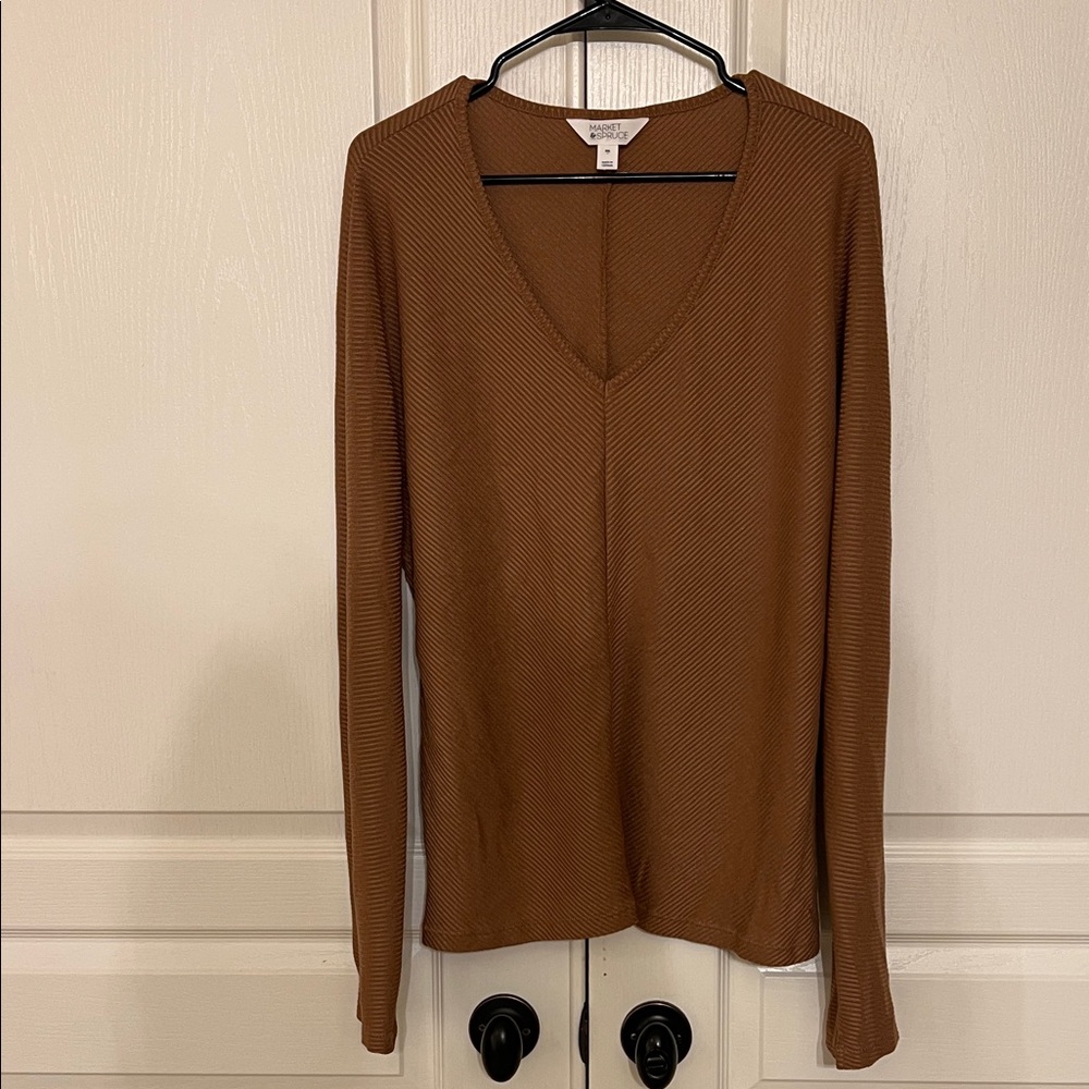 Market & Spruce Brown Long Sleeve V-Neck Top